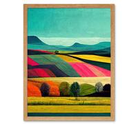 Artery8 Wall Art Print Colourful Bright Countryside Fields Landscape Painting Art Framed in Light Oak | Size: W12" x H16" Artery8 Light Oak W12" x H16"