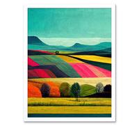 Artery8 Wall Art Print Colourful Bright Countryside Fields Landscape Painting Art Framed in White | Size: W12" x H16" Artery8 White W12" x H16"