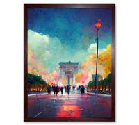 Artery8 Wall Art Print Colourful Champs-Elysees & Arc De Triomphe Modern Art Framed in Brown | Size: W12" x H16" Artery8 Brown W12" x H16"