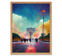 Artery8 Wall Art Print Colourful Champs-Elysees & Arc De Triomphe Modern Art Framed in Light Oak | Size: W12" x H16" Artery8 Light Oak W12" x H16"