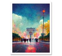 Artery8 Wall Art Print Colourful Champs-Elysees & Arc De Triomphe Modern Art Framed in White | Size: W12" x H16" Artery8 White W12" x H16"
