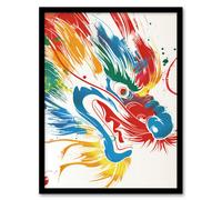 Artery8 Wall Art Print Colourful Chinese Dragon Head Bright Painting Art Framed Poster in Black | Size: W12" x H16" Artery8 Black W12" x H16"