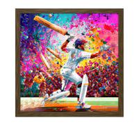 Artery8 Wall Art Print Colourful Cricket Batsman Vibrant Modern Pink Splatter Oil Painting Square Framed Picture 16X16 Inch | Size: W16" x H16" Artery8 Brown W16" x H16"