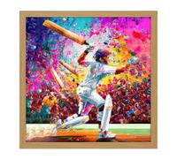 Artery8 Wall Art Print Colourful Cricket Batsman Vibrant Modern Pink Splatter Oil Painting Square Framed Picture 16X16 Inch | Size: W16" x H16" Artery8 Light Oak W16" x H16"