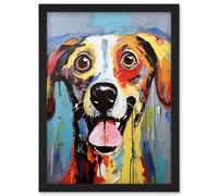Artery8 Colourful Dog Portrait Artwork by Jason Brydson Happy Face Oil Painting Bold Bright Vibrant Artwork Framed Wall Art Print A4