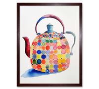 Artery8 Wall Art Print Colourful Enamelled Teapot Tea Kettle Folk Art Watercolour Painting Art Framed in Brown | Size: W12" x H16" Artery8 Brown W12" x H16"