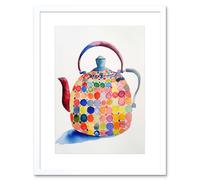 Artery8 Wall Art Print Colourful Enamelled Teapot Tea Kettle Folk Art Watercolour Painting Artwork Framed 9X7 Inch in White | Size: W7" x H9" Artery8 White W7" x H9"