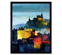 Artery8 Wall Art Print Colourful Modern Edinburgh Castle Cityscape Acrylic Painting Art Framed in Black | Size: W12" x H16" Artery8 Black W12" x H16"