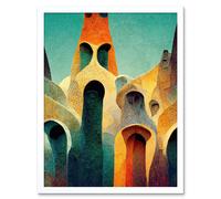 Artery8 Wall Art Print Colourful Modern Painting Gaudi Style Architecture Sagrada Familia Art Framed in White | Size: W12" x H16" Artery8 White W12" x H16"