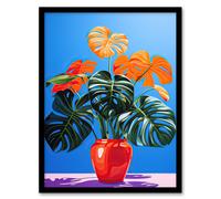Artery8 Wall Art Print Colourful Monstera Plant Stylised Graphic Still Life Framed in Blue | Size: A4 Artery8 Blue A4