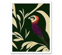 Artery8 Wall Art Print Colourful Parakeet & Tropical Plant Leaves Vintage Linocut Pattern Detail Art Framed in White | Size: W12" x H16" Artery8 White W12" x H16"
