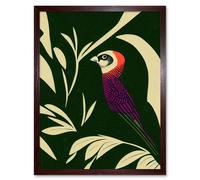 Artery8 Wall Art Print Colourful Parakeet & Tropical Plant Leaves Vintage Linocut Pattern Detail Art Framed in Brown | Size: W12" x H16" Artery8 Brown W12" x H16"