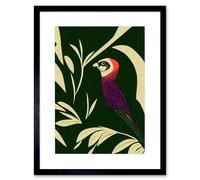 Artery8 Wall Art Print Colourful Parakeet & Tropical Plant Leaves Vintage Linocut Pattern Detail Artwork Framed 9X7 Inch in Black | Size: W7" x H9" Artery8 Black W7" x H9"