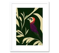 Artery8 Wall Art Print Colourful Parakeet & Tropical Plant Leaves Vintage Linocut Pattern Detail Artwork Framed 9X7 Inch in White | Size: W7" x H9" Artery8 White W7" x H9"