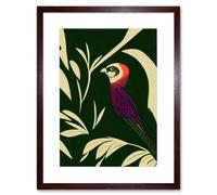 Artery8 Wall Art Print Colourful Parakeet & Tropical Plant Leaves Vintage Linocut Pattern Detail Artwork Framed 9X7 Inch in Brown | Size: W7" x H9" Artery8 Brown W7" x H9"
