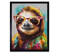 Artery8 Wall Art Print Colourful Sloth with Glasses Modern Folk Art Framed in Black | Size: W12" x H16" Artery8 Black W12" x H16"