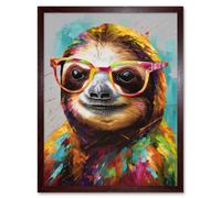 Artery8 Wall Art Print Colourful Sloth with Glasses Modern Folk Art Framed in Brown | Size: W12" x H16" Artery8 Brown W12" x H16"