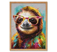 Artery8 Wall Art Print Colourful Sloth with Glasses Modern Folk Art Framed in Light Oak | Size: W12" x H16" Artery8 Light Oak W12" x H16"