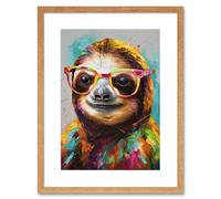 Artery8 Wall Art Print Colourful Sloth with Glasses Modern Folk Artwork Framed 9X7 Inch in Beige | Size: W7" x H9" Artery8 Beige W7" x H9"