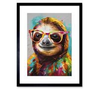 Artery8 Wall Art Print Colourful Sloth with Glasses Modern Folk Artwork Framed 9X7 Inch in Black | Size: W7" x H9" Artery8 Black W7" x H9"