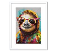 Artery8 Wall Art Print Colourful Sloth with Glasses Modern Folk Artwork Framed 9X7 Inch in White | Size: W7" x H9" Artery8 White W7" x H9"