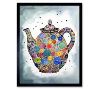 Artery8 Wall Art Print Colourful Teapot Folk Art Kitchen Art Framed in Black | Size: W12" x H16" Artery8 Black W12" x H16"
