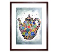 Artery8 Wall Art Print Colourful Teapot Folk Art Kitchen Artwork Framed 9X7 Inch in Brown | Size: W7" x H9" Artery8 Brown W7" x H9"