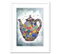 Artery8 Wall Art Print Colourful Teapot Folk Art Kitchen Artwork Framed 9X7 Inch in White | Size: W7" x H9" Artery8 White W7" x H9"