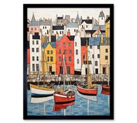Artery8 Wall Art Print Colourful Town Harbour Acrylic Painting Red Yellow Blue Fishing Boats Coastal Townscape Art Framed in Black | Size: W12" x H16" Artery8 Black W12" x H16"