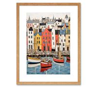Artery8 Wall Art Print Colourful Town Harbour Acrylic Painting Red Yellow Blue Fishing Boats Coastal Townscape Artwork Framed 9X7 Inch Artery8 Beige W7" x H9"