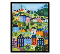 Artery8 Framed Wall Art Colourful Townscape Church In Spring Folk Poster - 12X16 Inch