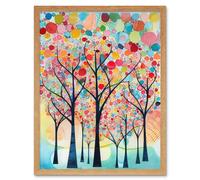 Artery8 Wall Art Print Colourful Trees Blooming In Spring Folk Art Watercolour Painting Art Framed in Light Oak | Size: W12" x H16" Artery8 Light Oak W12" x H16"