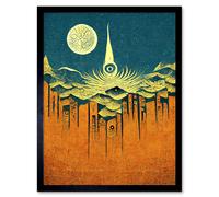 Artery8 Wall Art Print Conceptual Abstract Gold Landscape Full Moon Linocut Art Framed in Black | Size: W12" x H16" Artery8 Black W12" x H16"