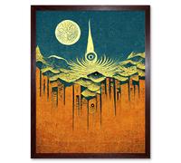 Artery8 Wall Art Print Conceptual Abstract Gold Landscape Full Moon Linocut Art Framed in Brown | Size: W12" x H16" Artery8 Brown W12" x H16"