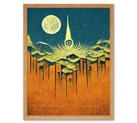 Artery8 Wall Art Print Conceptual Abstract Gold Landscape Full Moon Linocut Art Framed in Light Oak | Size: W12" x H16" Artery8 Light Oak W12" x H16"