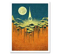 Artery8 Wall Art Print Conceptual Abstract Gold Landscape Full Moon Linocut Art Framed in White | Size: W12" x H16" Artery8 White W12" x H16"