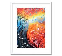 Artery8 Wall Art Print Contemporary Aboriginal Artwork in Blue & Orange Vibrant Abstract Forest Trees & Stars Artwork Framed 9X7 Inch Artery8 White W7" x H9"