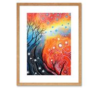 Artery8 Contemporary Aboriginal Artwork in Blue and Orange Vibrant Abstract Forest Trees and Stars Artwork Framed Wall Art Print 9X7 Inch