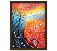 Wall Art Print Contemporary Aboriginal Artwork in Blue and Orange Vibrant Abstract Forest Trees and Stars Artwork Framed A4 Artery8 Brown A4