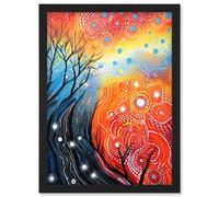 Artery8 Wall Art Print Contemporary Aboriginal Artwork in Blue & Orange Vibrant Abstract Forest Trees & Stars Artwork Framed A4 in Black Artery8 Black A4