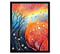 Artery8 Wall Art Print Contemporary Aboriginal Artwork in Blue & Orange Vibrant Abstract Forest Trees & Stars Art Framed in Black | Size: W12" x H16" Artery8 Black W12" x H16"