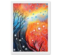 Wall Art Print Contemporary Aboriginal Artwork in Blue and Orange Vibrant Abstract Forest Trees and Stars Artwork Framed A4 Artery8 White A4