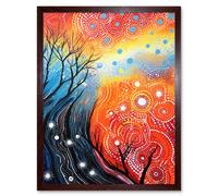 Artery8 Wall Art Print Contemporary Aboriginal Artwork in Blue & Orange Vibrant Abstract Forest Trees & Stars Art Framed in Brown | Size: W12" x H16" Artery8 Brown W12" x H16"