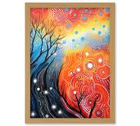 Wall Art Print Contemporary Aboriginal Artwork in Blue and Orange Vibrant Abstract Forest Trees and Stars Artwork Framed A4 Artery8 Light Oak A4