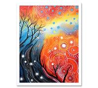 Artery8 Wall Art Print Contemporary Aboriginal Artwork in Blue & Orange Vibrant Abstract Forest Trees & Stars Art Framed in White | Size: W12" x H16" Artery8 White W12" x H16"