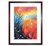 Artery8 Wall Art Print Contemporary Aboriginal Artwork in Blue & Orange Vibrant Abstract Forest Trees & Stars Artwork Framed 9X7 Inch Artery8 Brown W7" x H9"
