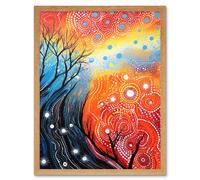 Artery8 Wall Art Print Contemporary Aboriginal Artwork in Blue & Orange Vibrant Abstract Forest Trees & Stars Art Framed | Size: W12" x H16" Artery8 Light Oak W12" x H16"