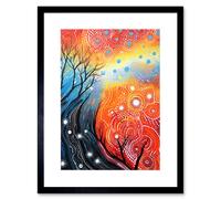 Artery8 Wall Art Print Contemporary Aboriginal Artwork in Blue & Orange Vibrant Abstract Forest Trees & Stars Artwork Framed 9X7 Inch Artery8 Black W7" x H9"