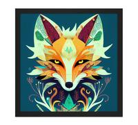 Artery8 Wall Art Print Contemporary Folk Style Fox Abstract Face Portrait Orange Teal Square Framed Picture 16X16 Inch in Black | Size: W16" x H16" Artery8 Black W16" x H16"