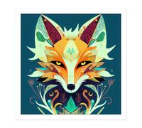 Artery8 Wall Art Print Contemporary Folk Style Fox Abstract Face Portrait Orange Teal Square Framed Picture 16X16 Inch in White | Size: W16" x H16" Artery8 White W16" x H16"
